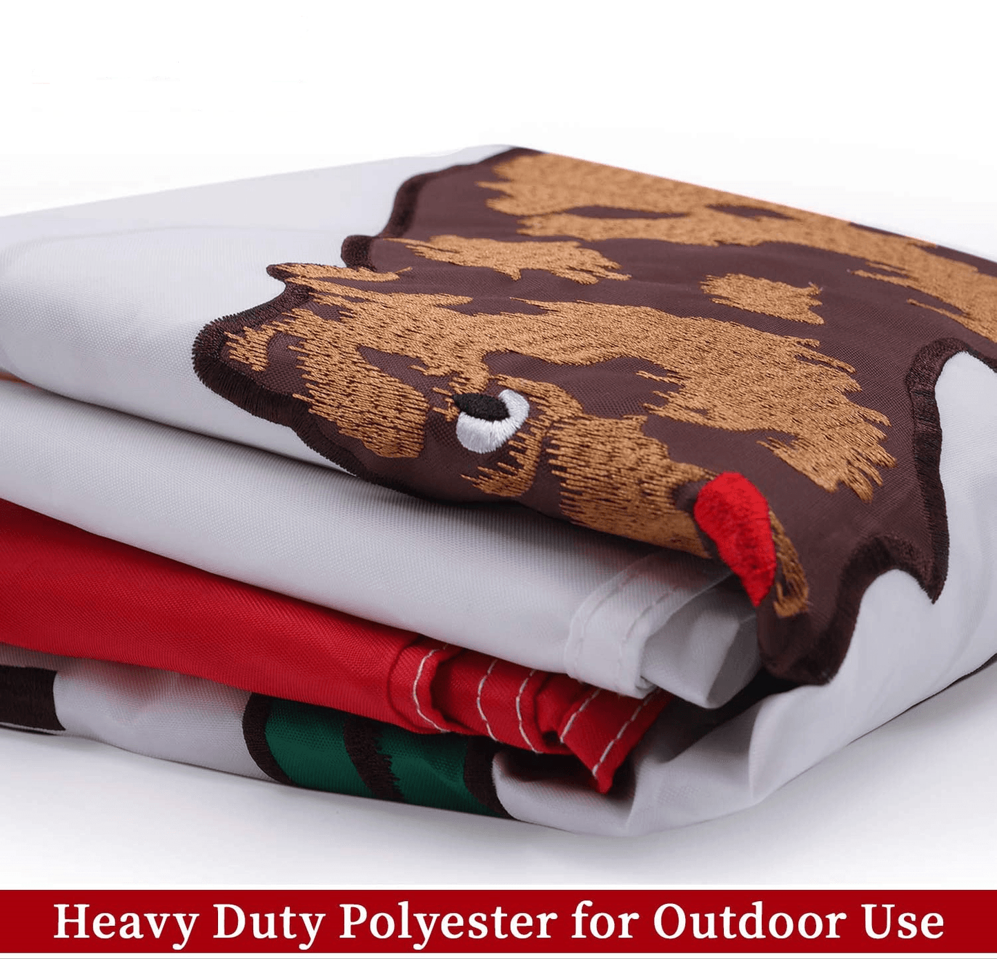 Close-up of a neatly folded 3×5 Ft Embroidery California State Flag by Jetlifee, crafted from heavy-duty polyester fabric. The flag features detailed embroidery and vivid colors. Text at the bottom reads, "Heavy Duty Polyester for Outdoor Use with UV Protection." Made in the USA.