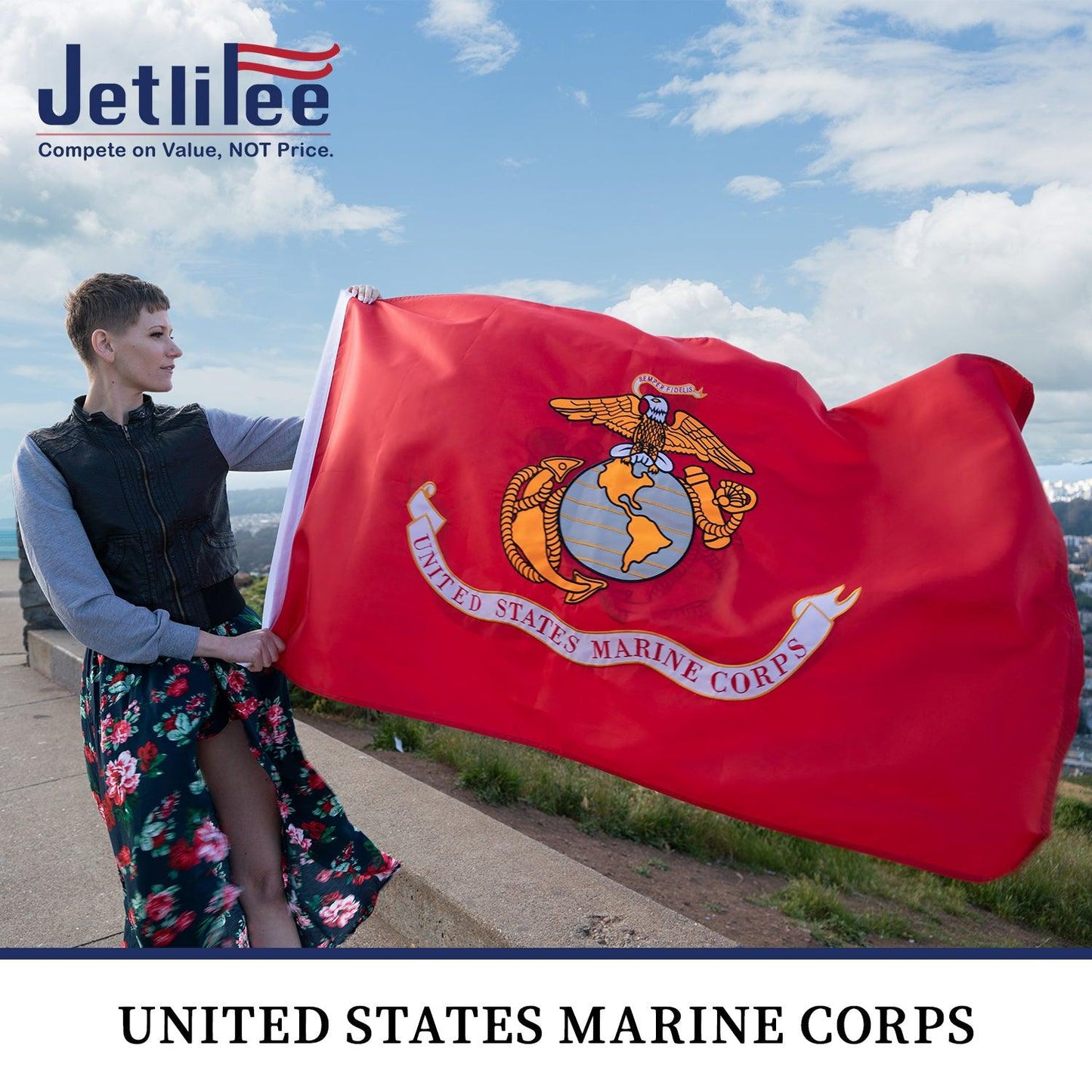 Jetlifee 3x5 Ft Embroidery Marine Corps USMC Flag Double Sided - Jetlifee