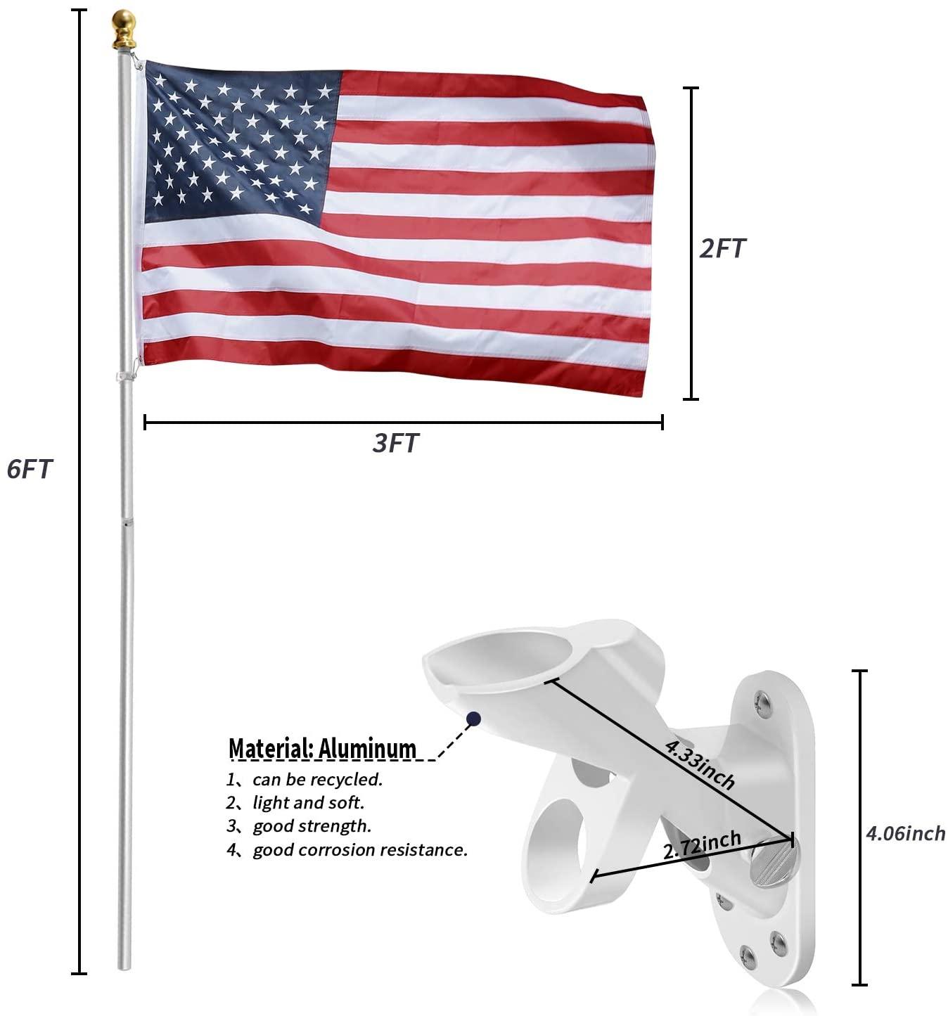 Jetlifee American Flag with 2-Position Bracket and Silver Pole Set|american flag with mounting bracket|flag pole for high winds - Jetlifee