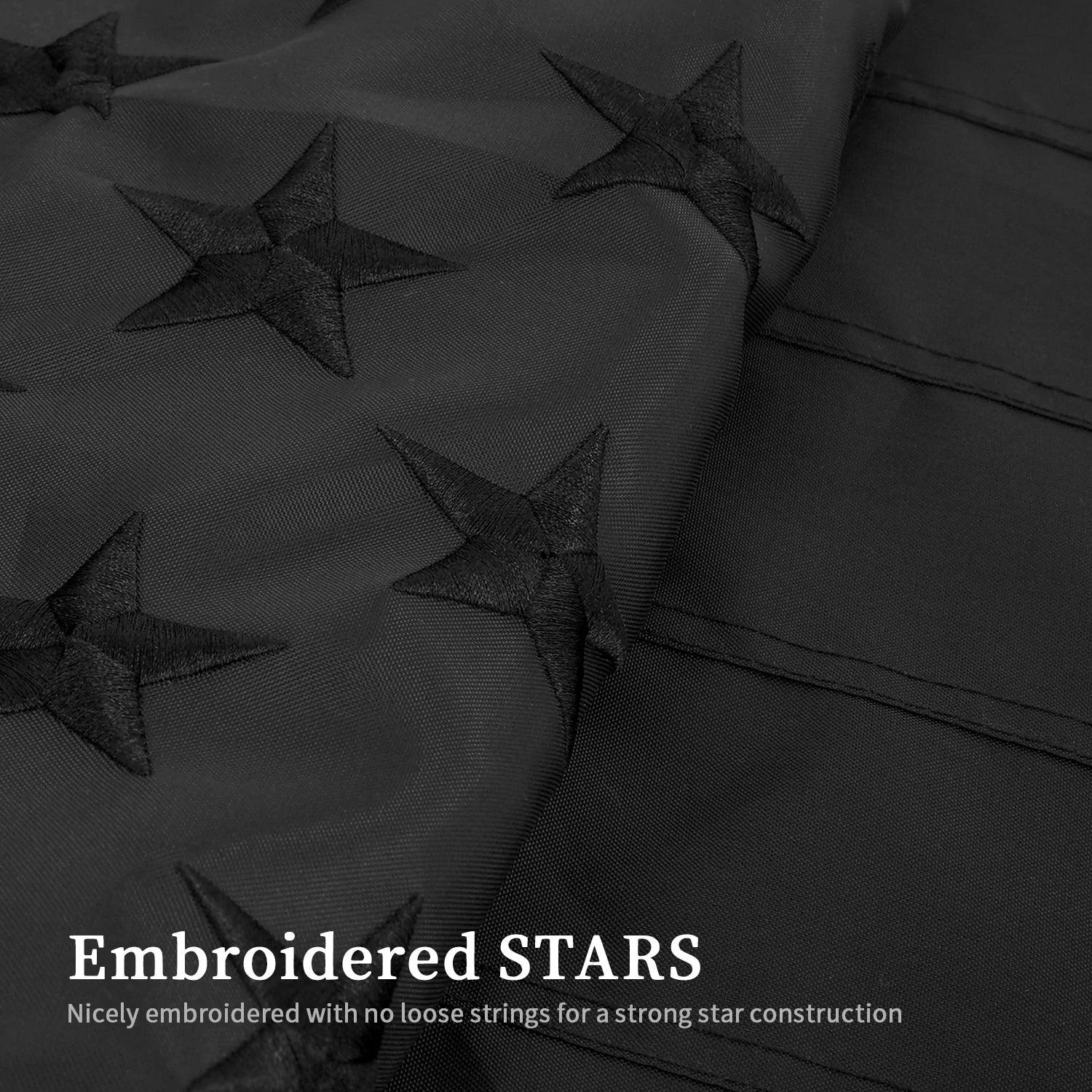 Close-up of a durable Jetlifee 3×5 FT Embroidery All Black American Flag Made in the USA, featuring detailed embroidered stars and horizontal stripes, accompanied by text praising the high-quality embroidery.