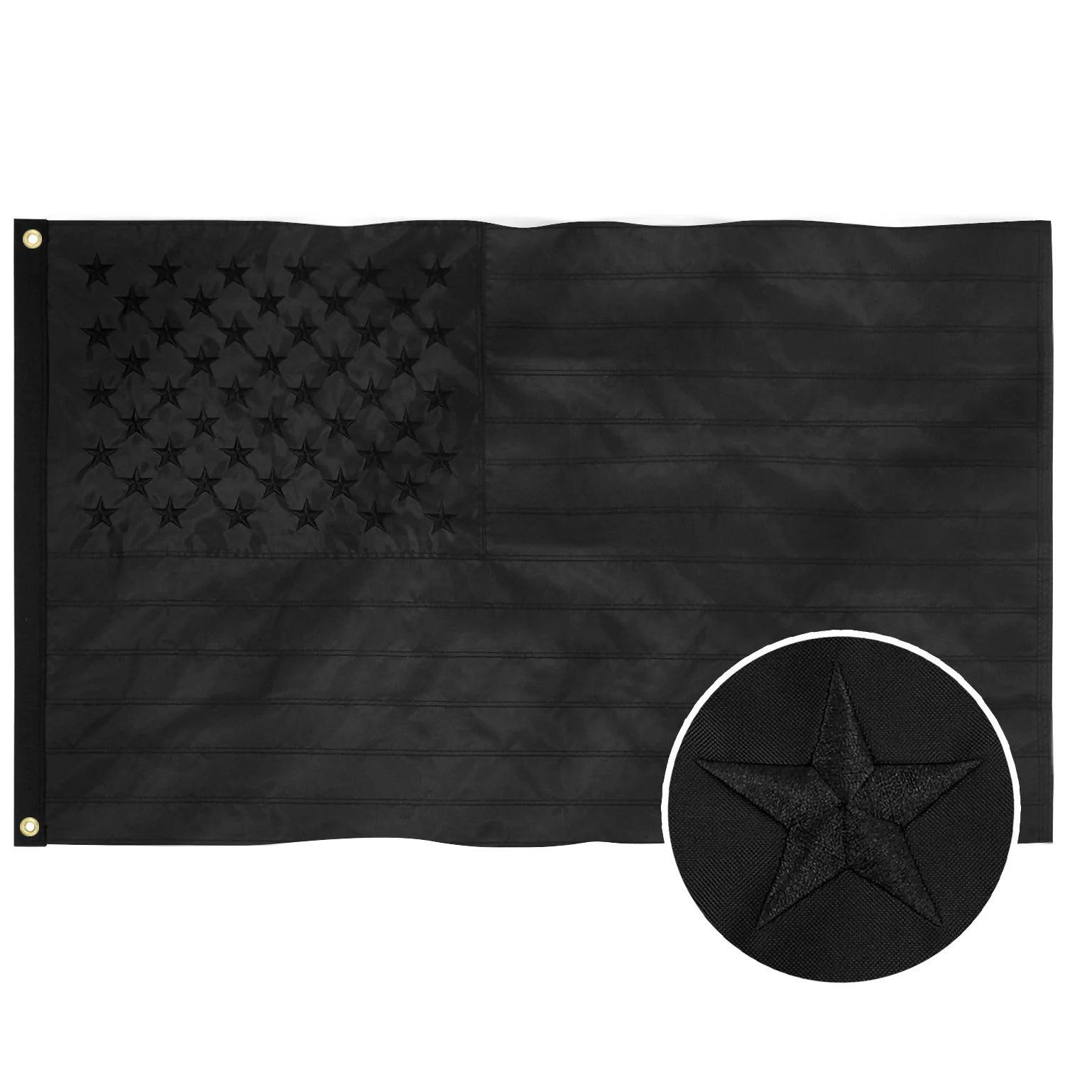 Behold the Jetlifee 3×5 FT Embroidery All Black American Flag Made in USA, featuring intricately embroidered stars and stripes in a darker shade of black. A close-up circular view of one star in the corner highlights the exquisite craftsmanship of this durable polyester flag.