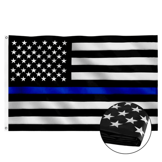 The Jetlifee 3×5 Ft Embroidery Black White Thin Blue Line American Flag, proudly made in the USA, represents law enforcement support with its black and white design featuring a single blue stripe across the middle. This durable flag also includes a small inset showing a close-up of the star portion when folded.