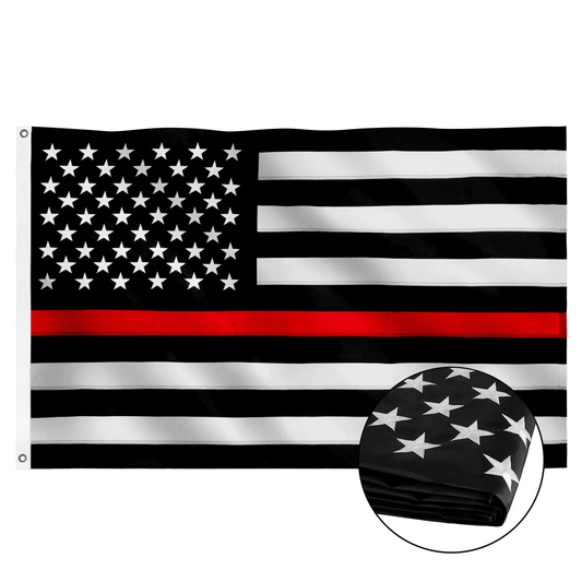 A 3×5 Ft Embroidery Black White Thin Red Line American Flag Made in USA by Jetlifee, featuring a black-and-white design with a single red stripe. A folded view of this US thin red line flag is displayed in an inset circle at the bottom right.