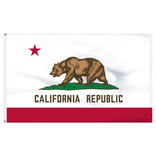 The image showcases the 3×5 Ft Embroidery California State Flag 2-Sided Made in USA from Jetlifee, featuring a grizzly bear walking on a patch of grass, a red star in the top left corner, and the words "California Republic" beneath the bear. This flag boasts heavy-duty embroidery and UV protection for lasting durability.