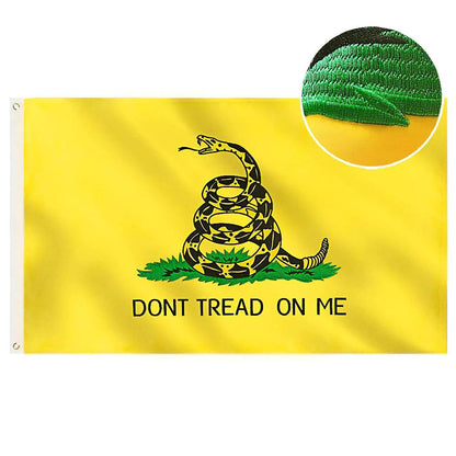 The 3×5 Ft Embroidery Gadsden Don’t Tread On Me Flag by Jetlifee features a yellow background with a coiled rattlesnake and the text "DONT TREAD ON ME." Made of heavyweight polyester canvas, it's designed for durability. The inset shows a close-up of the flag's corner with the grommet.