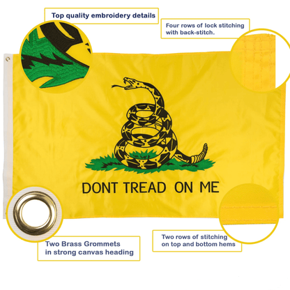 The Jetlifee 3×5 Ft Embroidery Gadsden Don’t Tread On Me Flag Made in USA features a yellow background with a coiled rattlesnake. It is crafted with top-quality embroidery, lock stitching, brass grommets, and reinforced stitching on the top and bottom hems. Made from heavyweight polyester canvas, this flag is built for durability and UV ray protection.