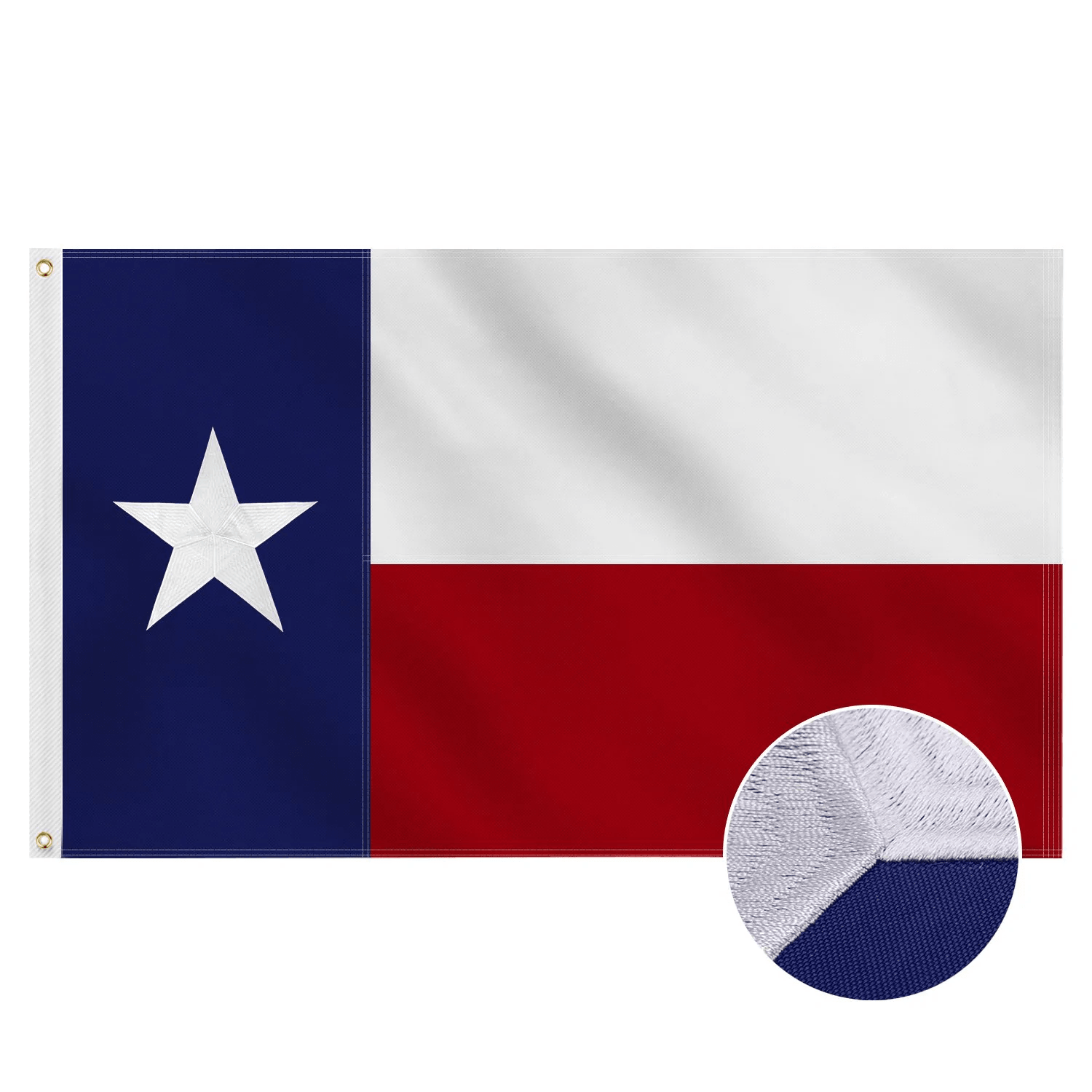 The image showcases the Jetlifee 3×5 Ft Embroidery Texas State Flag Made in USA, featuring a blue vertical stripe with a white star, followed by horizontal white and red stripes. An inset highlights the meticulous stitching detail on one corner of this durable flag, crafted from heavyweight polyester and equipped with brass grommets.