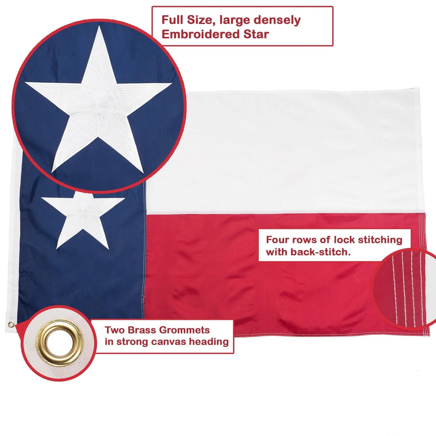 Introducing the Jetlifee 3×5 Ft Embroidery Texas State Flag, made in the USA. This flag features a large embroidered star, four rows of lock stitching with back-stitching for added durability, and two brass grommets in a strong canvas heading. Crafted from heavyweight polyester, it ensures a durable finish.