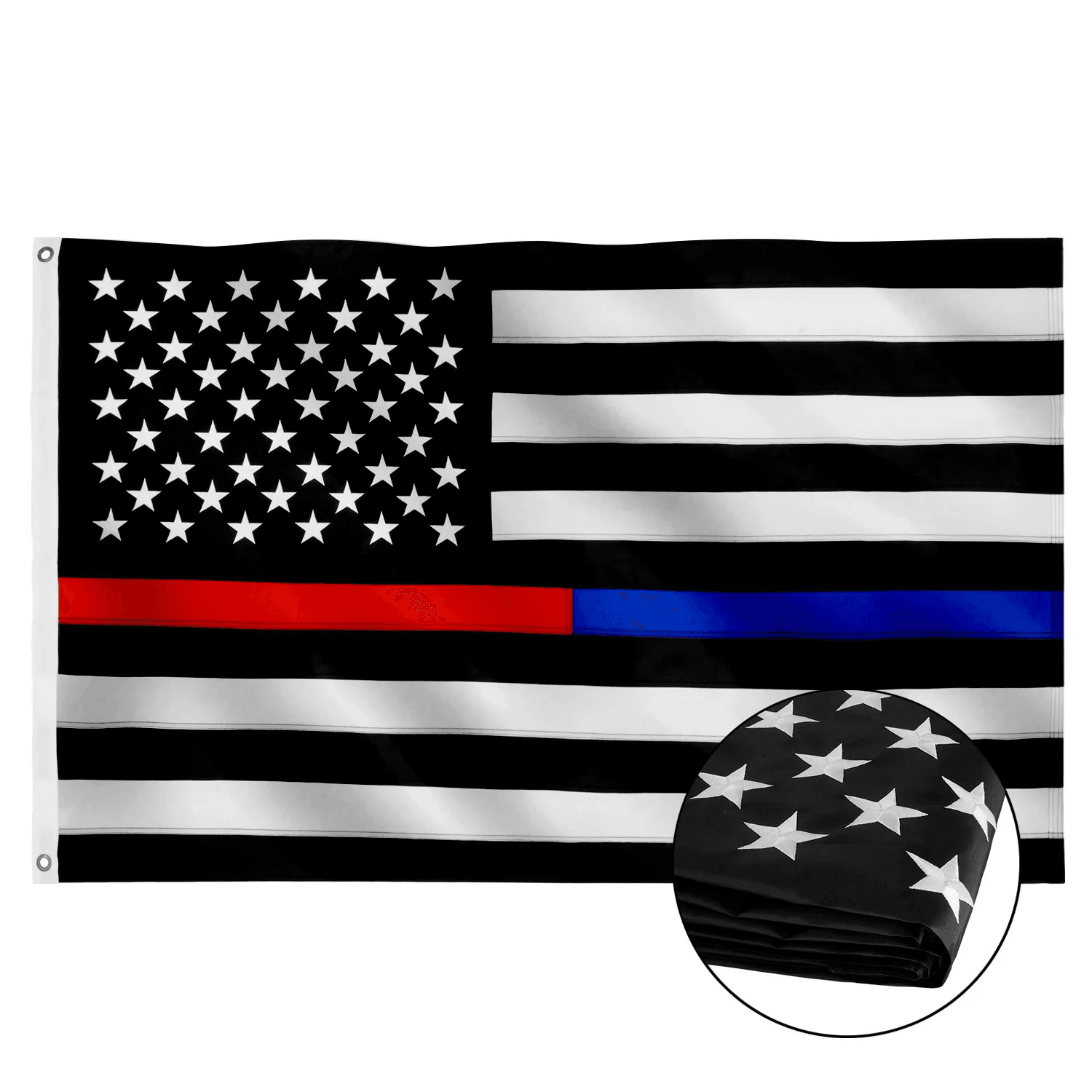 The Jetlifee 3×5 Ft Embroidery Thin Blue Line Thin Red Line Flag, made in the USA and crafted from durable and strong heavyweight nylon, represents a police enforcement flag. An inset image displays the folded section showing stars.