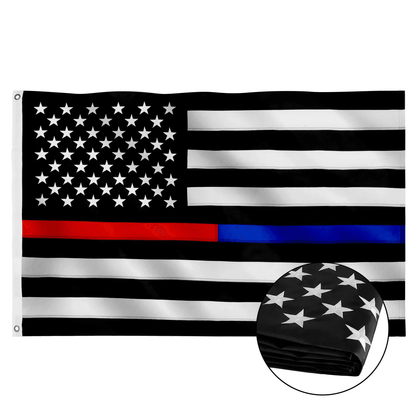 The Jetlifee 3×5 Ft Embroidery Thin Blue Line Thin Red Line Flag, made in the USA and crafted from durable and strong heavyweight nylon, represents a police enforcement flag. An inset image displays the folded section showing stars.