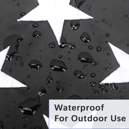 Close-up of a durable and strong waterproof fabric with water droplets on a black surface adorned with white stars. Text at the bottom reads "Waterproof For Outdoor Use." Product featured: 3×5 Ft Embroidery Thin Blue Line Thin Red Line Flag, proudly made in the USA by Jetlifee.