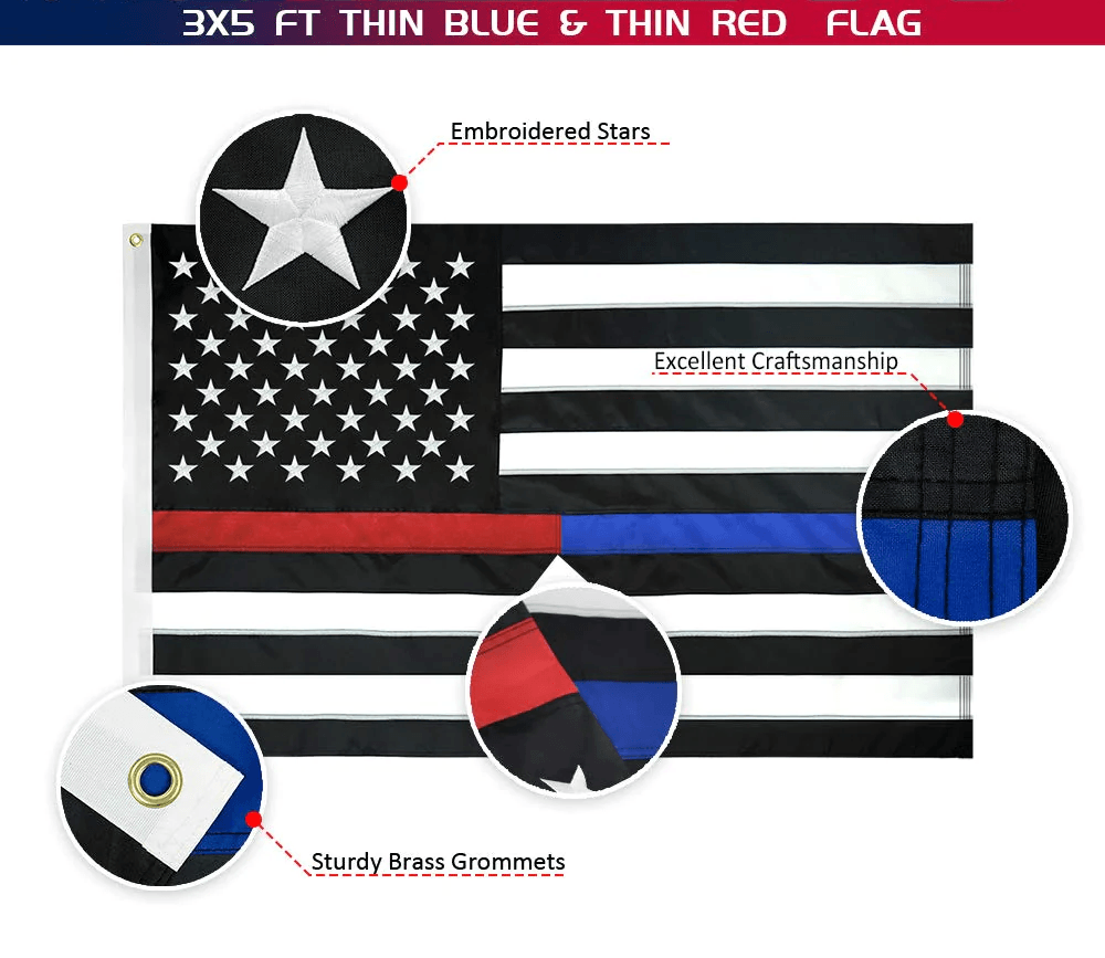 The Jetlifee 3×5 Ft Embroidery Thin Blue Line Thin Red Line Flag Made in USA showcases embroidered stars and sturdy brass grommets, crafted from heavyweight nylon to ensure durability and strength.