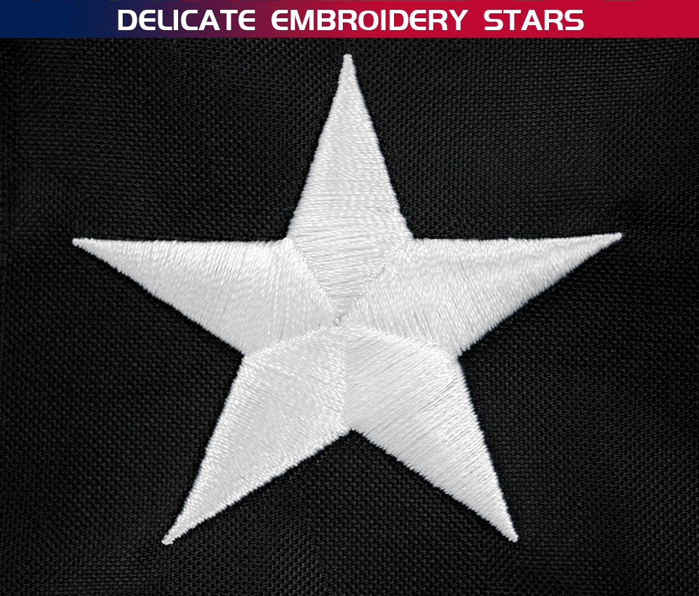 Close-up of a white embroidered star on black fabric with the text "3×5 Ft Embroidery Thin Blue Line Thin Red Line Flag Made in USA by Jetlifee" at the top, showcasing the durable and strong finish akin to heavyweight nylon.