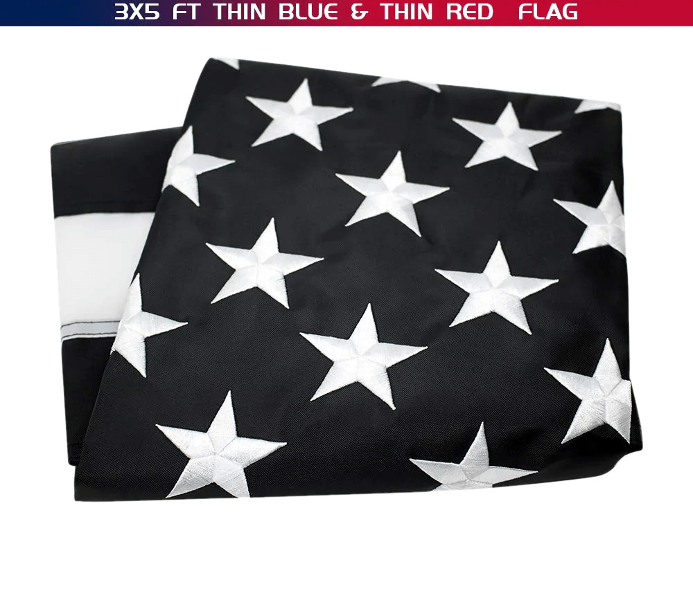 Folded black flag with white stars and a label reading "3×5 Ft Embroidery Thin Blue Line Thin Red Line Flag Made in USA" on the top, made from durable and strong heavyweight nylon by Jetlifee.