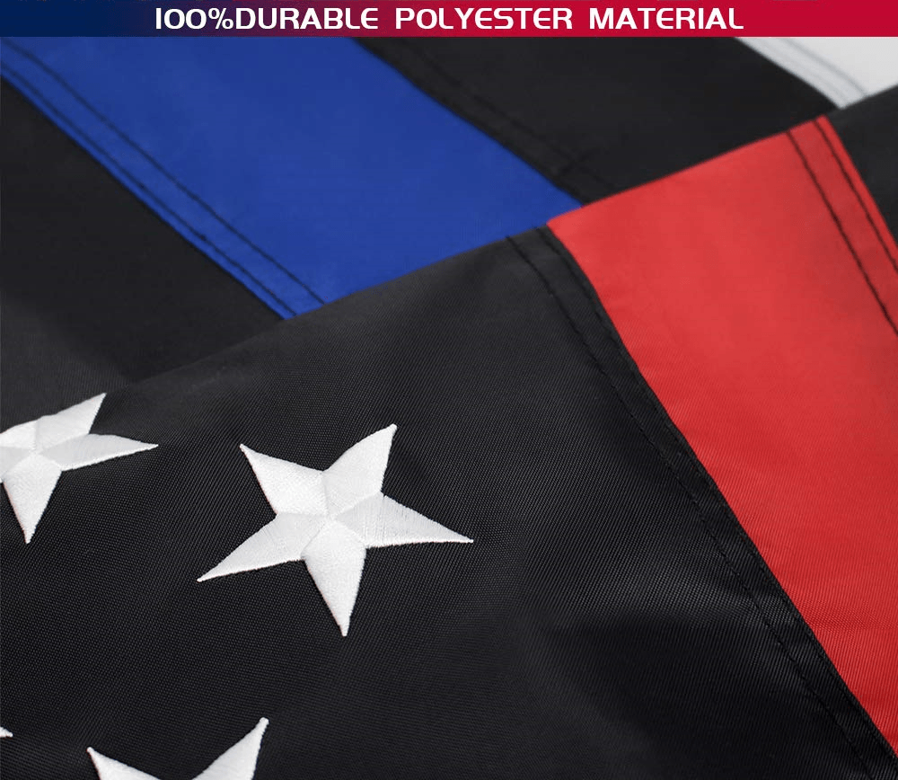 Close-up of the Jetlifee 3×5 Ft Embroidery Thin Blue Line Thin Red Line Flag Made in USA, crafted from durable and strong heavyweight nylon, featuring white stars along with a blue stripe and a red stripe.