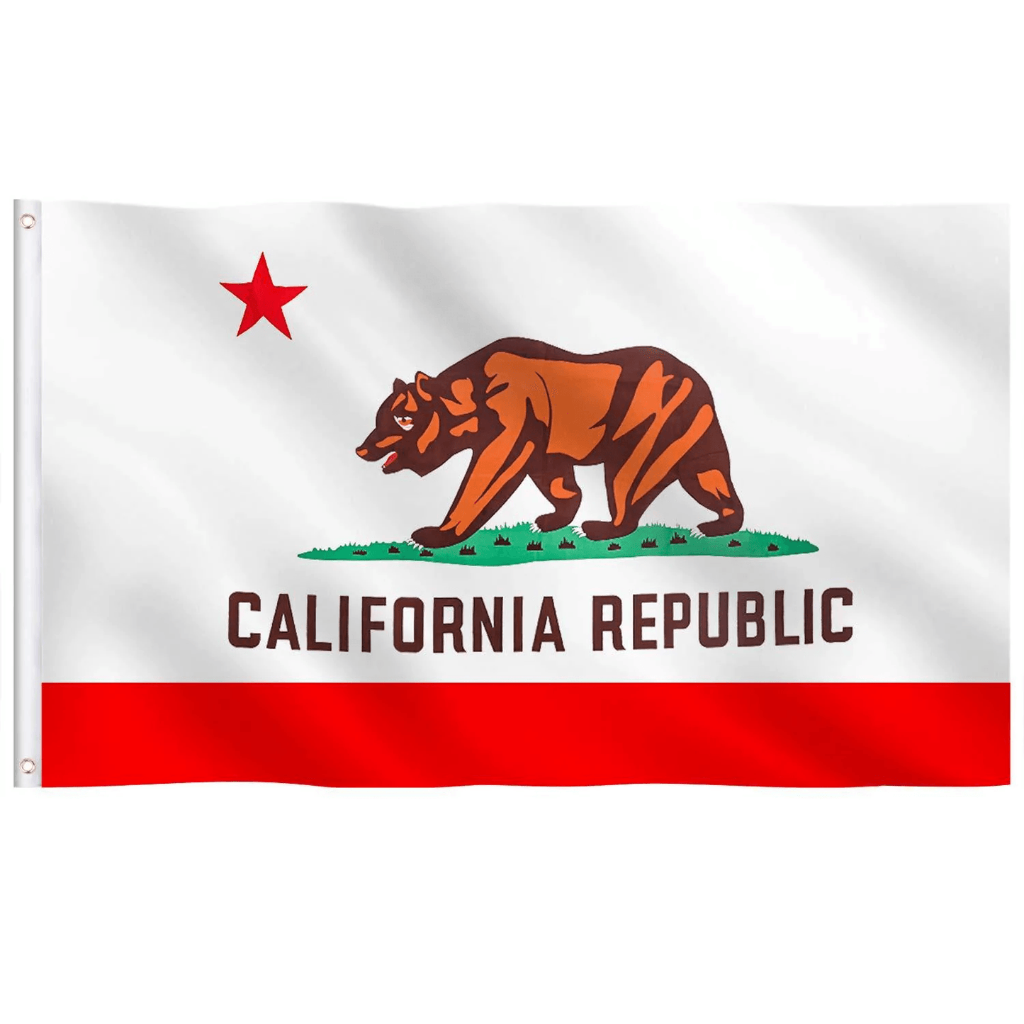 The 3×5 Ft Printed California State Flag Made In USA by Jetlifee features a grizzly bear walking on grass, a red star in the top left corner, and a red stripe along the bottom. Text reads "California Republic." Crafted from 100D Polyester with brass grommets for easy hanging.