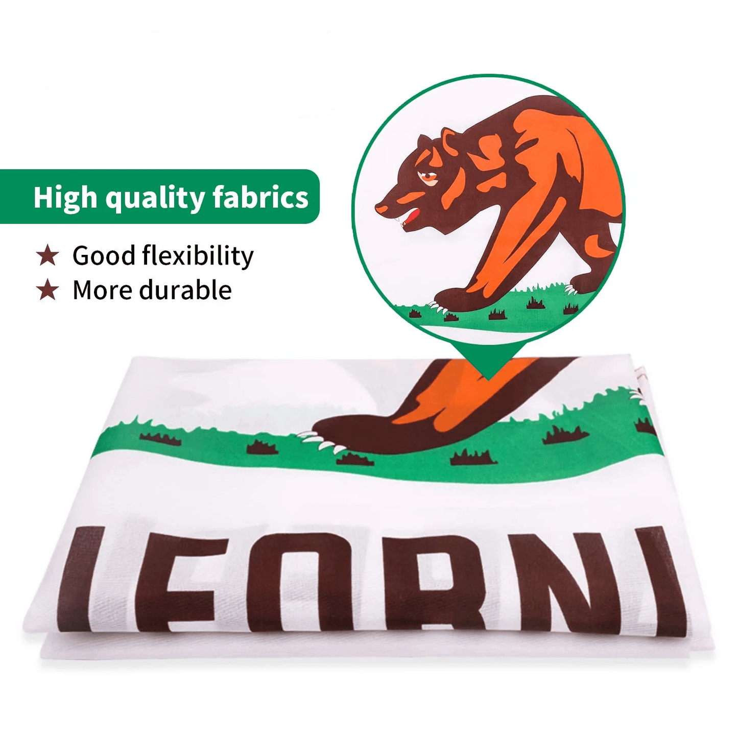 Introducing the 3×5 Ft Printed California State Flag Made in USA by Jetlifee. This folded white fabric showcases a beautifully printed design of a brown bear and green landscape, evoking the imagery of the California State flag. The flag is crafted from high-quality 100D Polyester, ensuring good flexibility and more durability. It also features sturdy brass grommets for added strength, making it a reliable choice for display.