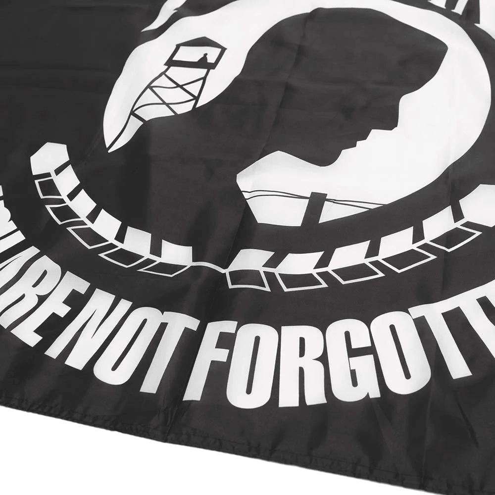 Close-up of the Jetlifee 3x5 FT Printed POW MIA Flag, Made in USA, featuring a black background with a white silhouette of a head, a watchtower, barbed wire, and the words "YOU ARE NOT FORGOTTEN" boldly printed at the bottom.