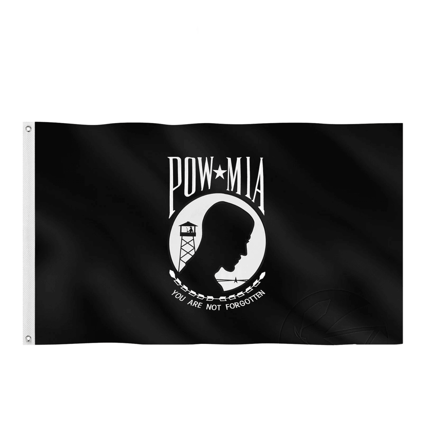 Jetlifee's 3x5 FT Printed POW MIA Flag, proudly made in the USA, features a black polyester design showcasing the silhouette of a soldier's head against a backdrop of a guard tower and barbed wire, emblazoned with the text "POW*MIA" and "You Are Not Forgotten.