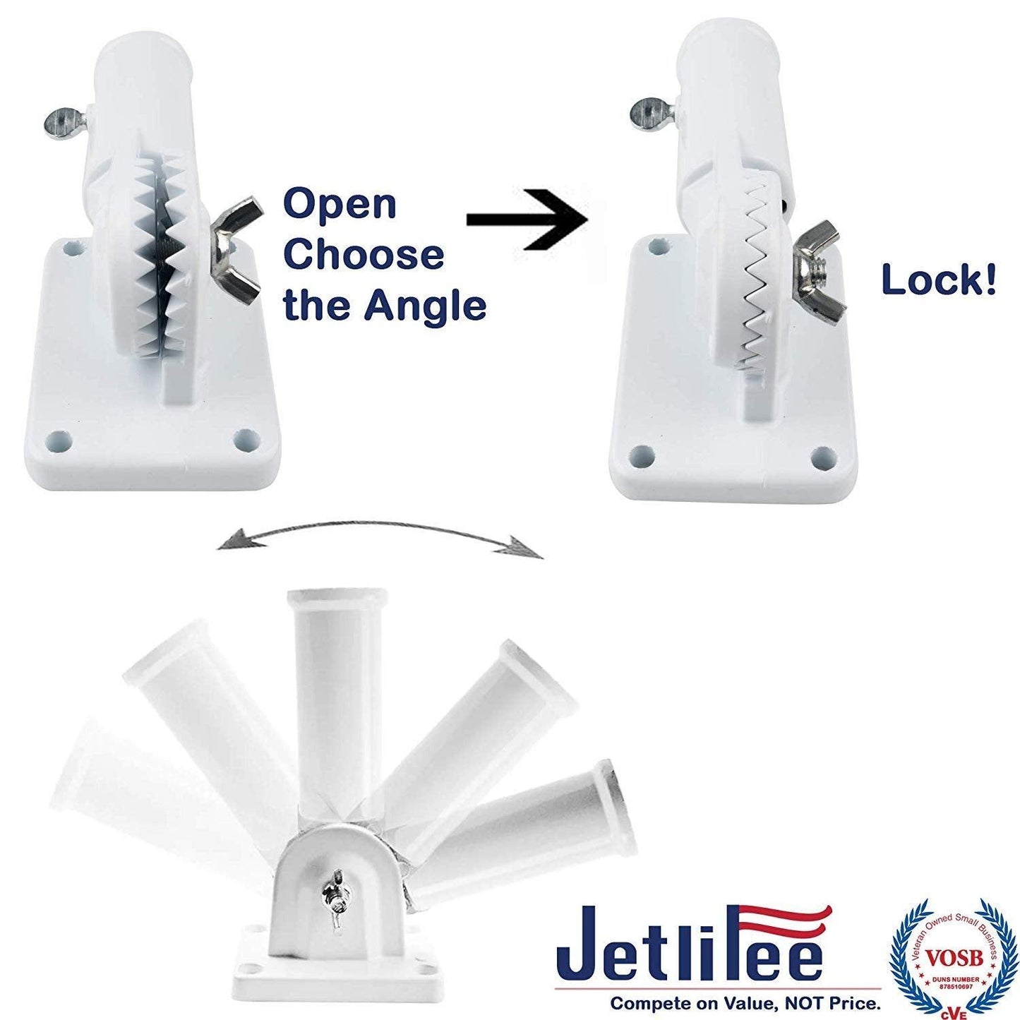 The 6ft Aluminum Tangle Free Spinning Flagpole and Multi Position Mounting Bracket Set from Jetlifee features an adjustable white rod holder, demonstrating how to change angles with an open and lock mechanism. Additionally, it showcases the VOSB and American flag logos, ensuring a wind-resistant experience perfect for your flag pole.