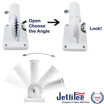 The 6ft Aluminum Tangle Free Spinning Flagpole and Multi Position Mounting Bracket Set from Jetlifee features an adjustable white rod holder, demonstrating how to change angles with an open and lock mechanism. Additionally, it showcases the VOSB and American flag logos, ensuring a wind-resistant experience perfect for your flag pole.