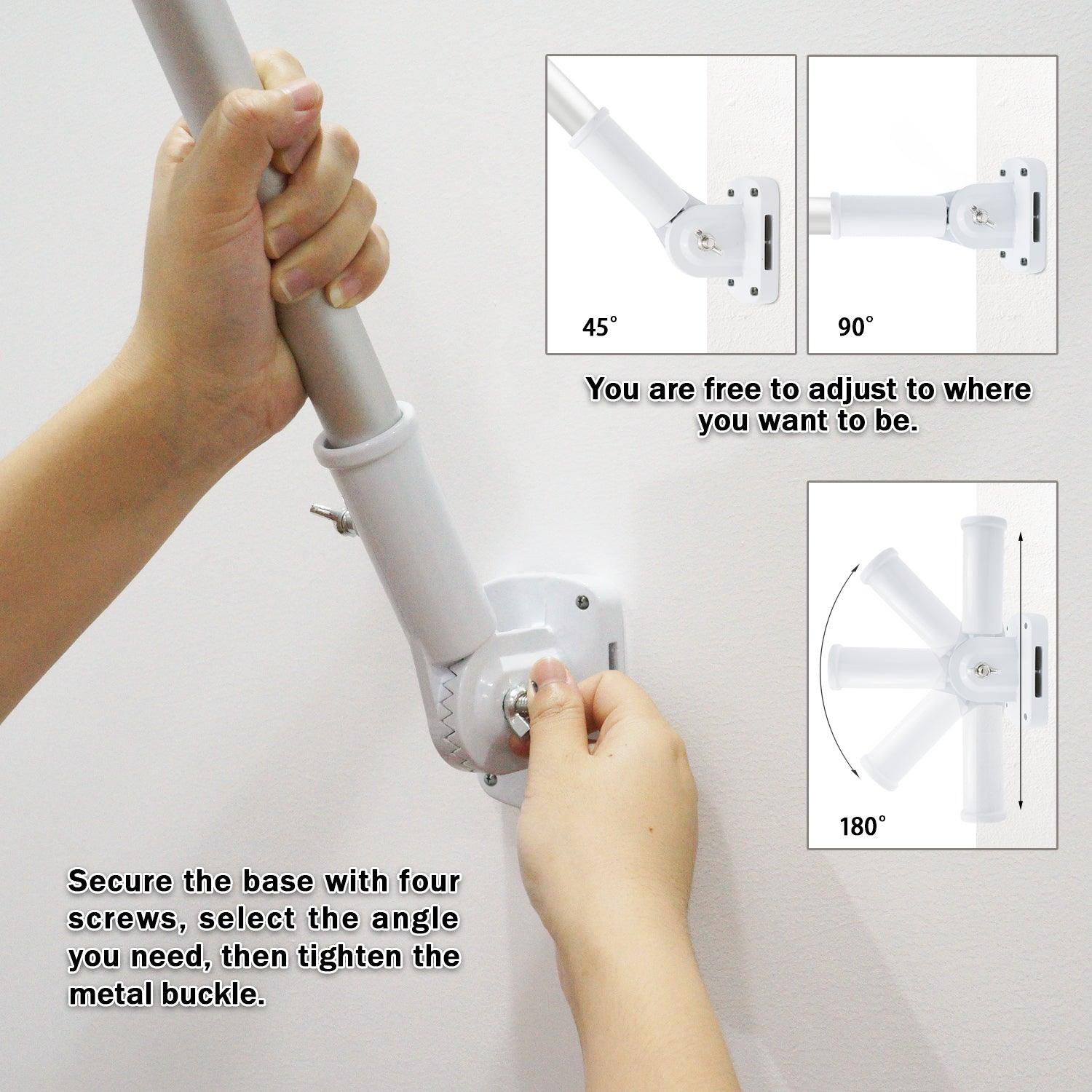 An individual setting up the Jetlifee 6ft Aluminum Tangle Free Spinning Flagpole and Multi Position Mounting Bracket Set with a sturdy metal base, fastening screws, and adjusting the angle to 45°, 90°, or 180°. This wind-resistant arrangement ensures your flag pole stays tangle-free. Detailed step-by-step instructions are provided in the text.