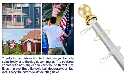 Image of an American flag on the Jetlifee 6ft Aluminum Tangle Free Spinning Flagpole with a gold ball joint design. The image includes examples of the wind-resistant flag displayed on various homes and a person holding the flag. A description highlights the features of the multi-position mounting bracket set.