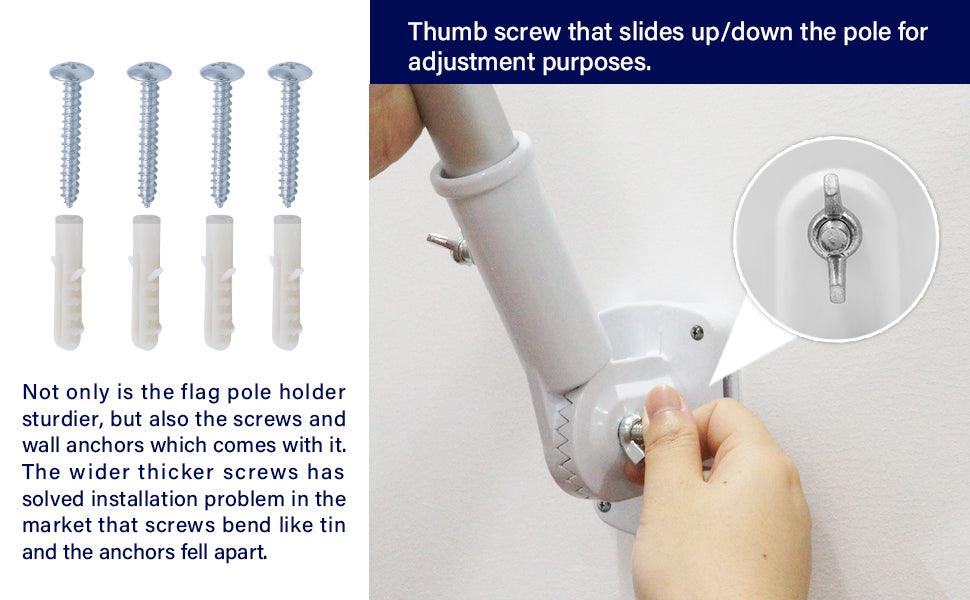 Image of the Jetlifee 6ft Aluminum Tangle Free Spinning Flagpole and Multi Position Mounting Bracket Set being adjusted with a thumbscrew. The image includes a text description and shows a set of screws and wall anchors to ensure your flagpole stays securely tangle-free.