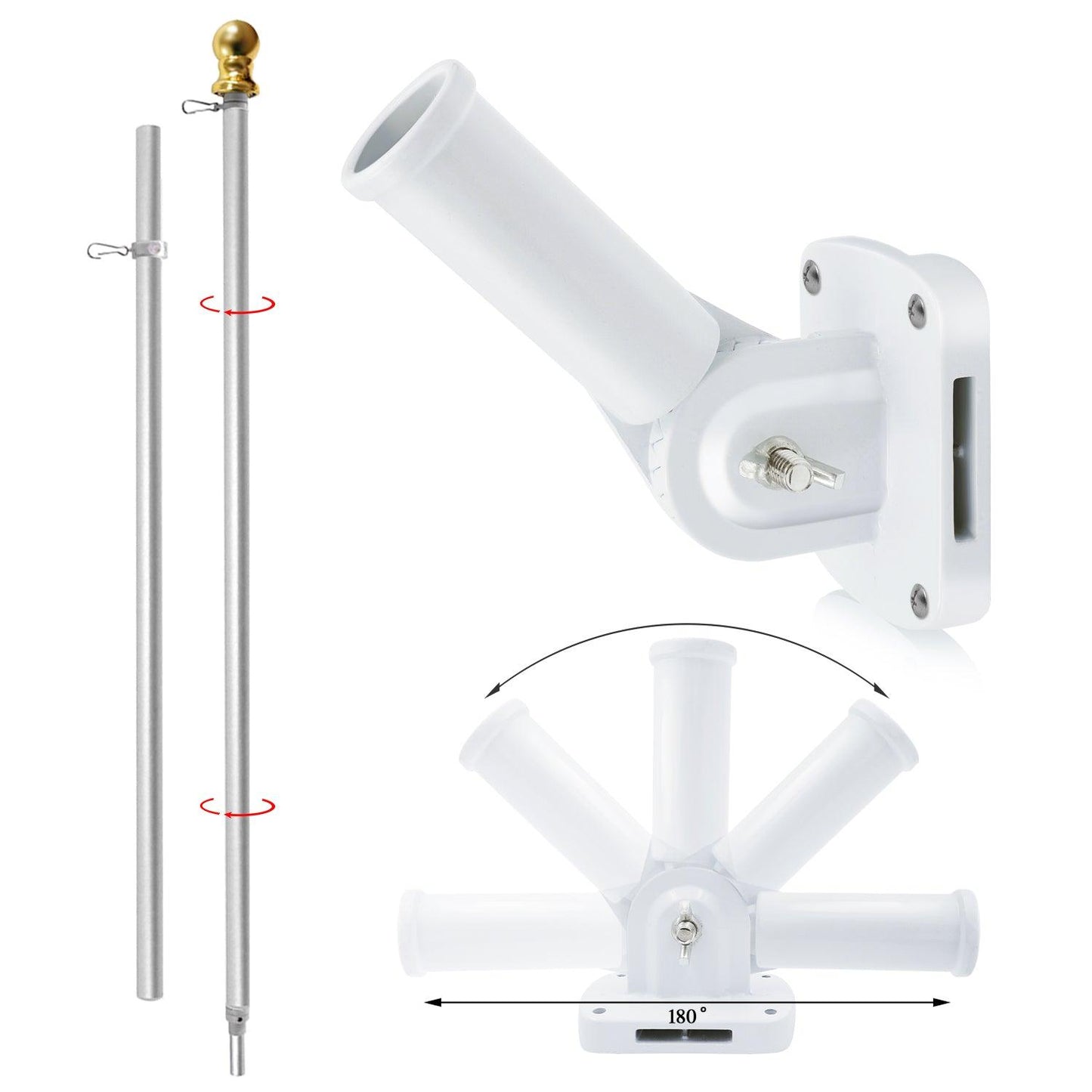 Image showing the Jetlifee 6ft Aluminum Tangle Free Spinning Flagpole and Multi Position Mounting Bracket Set, featuring a white metal flagpole holder with four adjustable positions, an extendable aluminum flagpole, and a golden finial top. The wind-resistant design ensures stability even at the maximum span shown at the base.