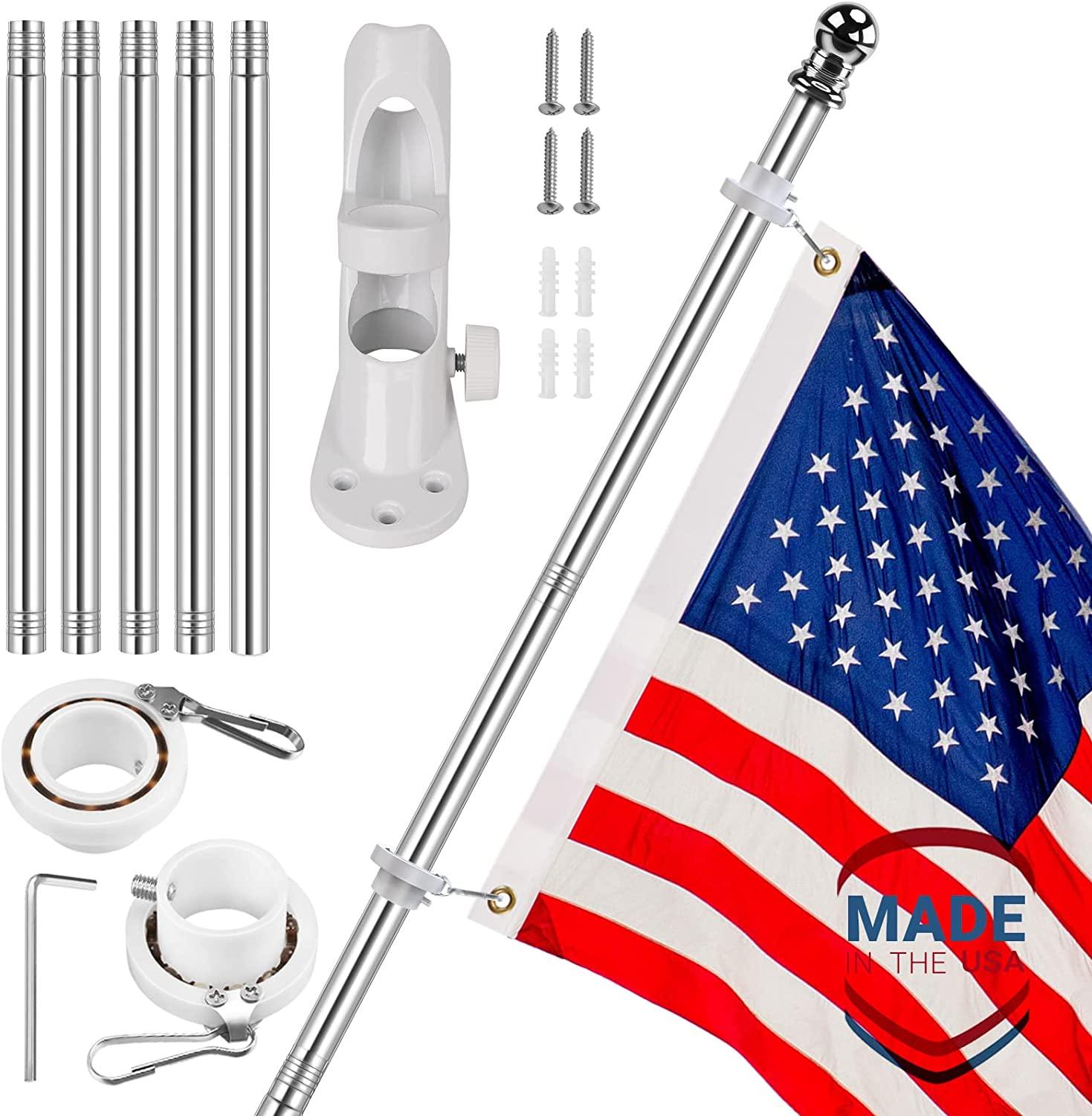 The image showcases the Jetlifee American Flag Pole Kit Made in USA, featuring a hassle-free assembly with a never tangle design. The kit includes an American flag proudly displaying "Made in the USA," along with 6FT pole sections, a mounting bracket, screws, and fasteners.