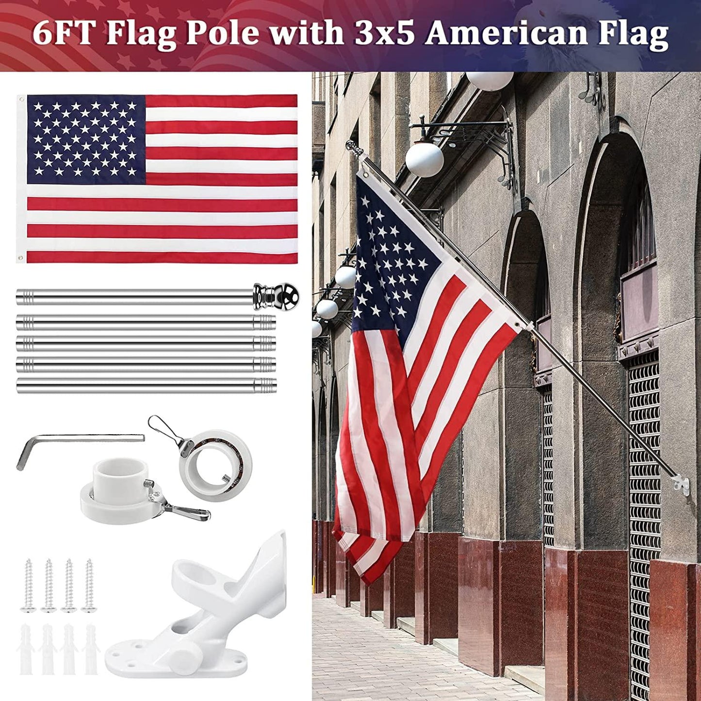 The Jetlifee American Flag Pole Kit Made in USA includes a 6ft, 5-section flag pole, a 3x5 American flag, a wall-mounted bracket, screws, and assembly tools. The kit is shown with the flag displayed outside a building. It features an easy-to-assemble design with never-tangle technology for hassle-free display.