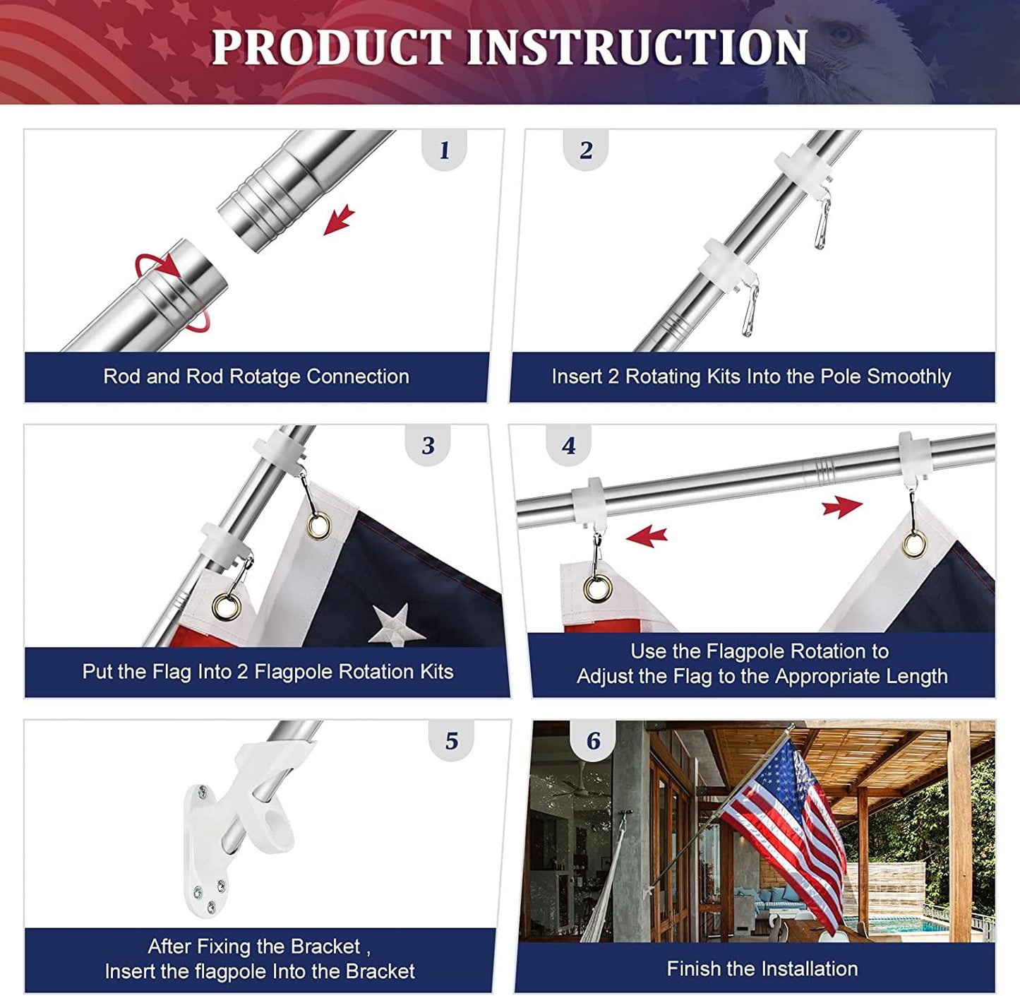 Assembly guide for the Jetlifee American Flag Pole Kit Made in USA, featuring a 6FT 5 Section Flag Pole. Steps include connecting the rod sections, inserting the rotating kits with a Never Tangle Design, attaching the flag, adjusting the flag's length, securing the bracket, and completing installation. Designed for easy assembly to ensure a hassle-free setup.
