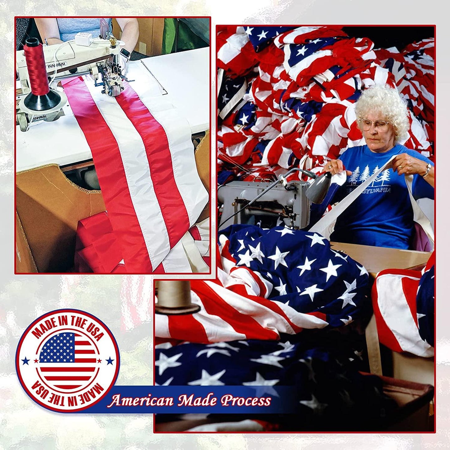 A person sewing an American flag; surrounding text indicates the flags are "Made in the USA" and feature Jetlifee's Never Tangle Design, from their American Flag Pole Kit with a 6FT 5 Section Flag Pole.