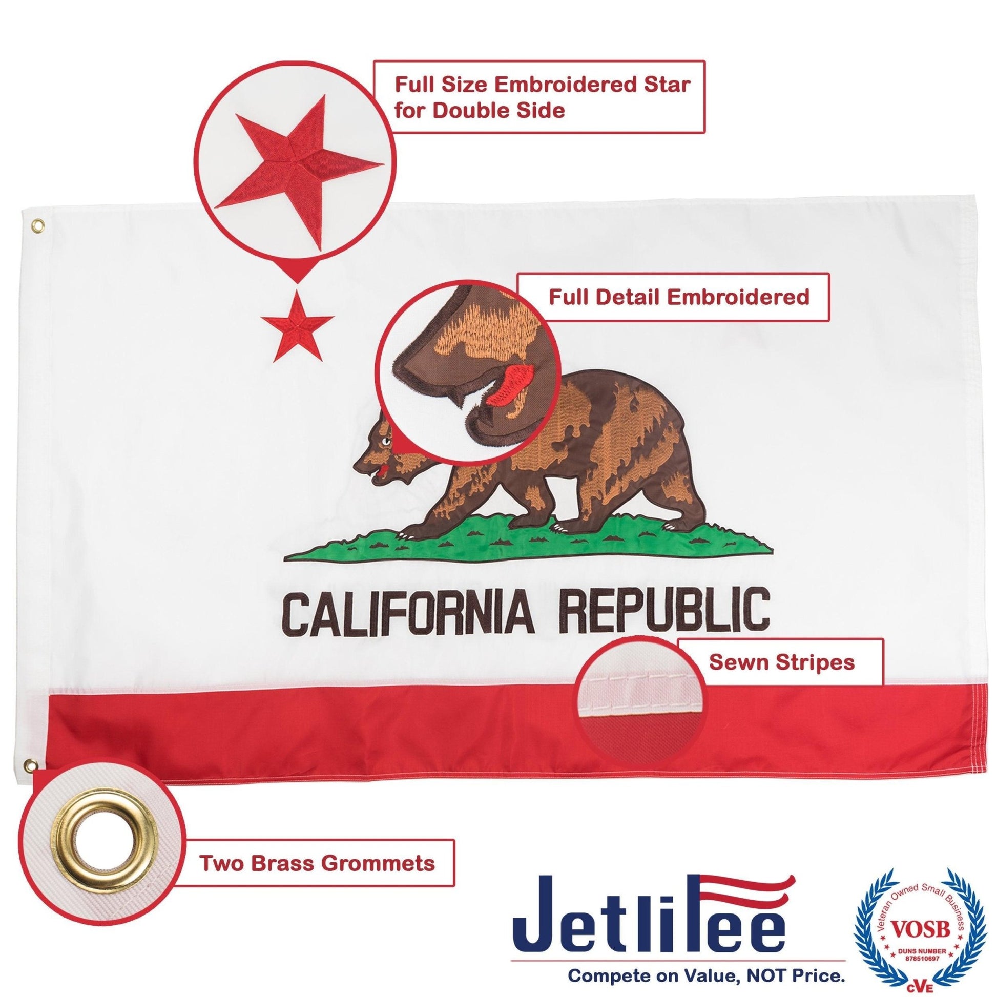 Jetlifee 3x5 Ft Embroidery California State Flag 2 - Sided - Jetlifee