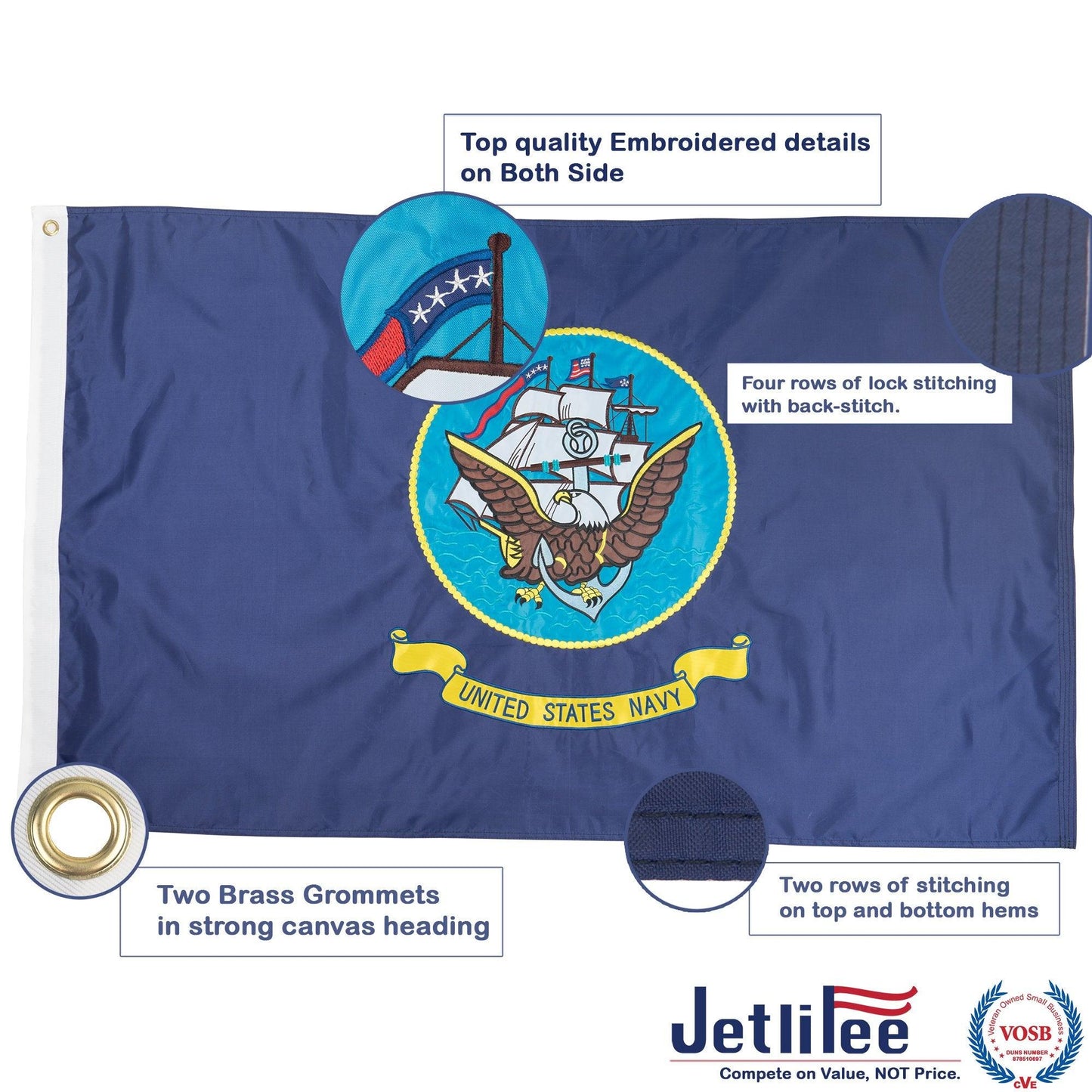 Jetlifee 3x5 Ft Embroidery Double - Side Flags US Navy Flag - Jetlifee