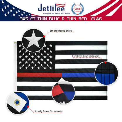 Jetlifee 3x5 Ft Embroidery Thin Blue Line Thin Red Line Flag - Jetlifee