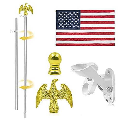 The Jetlifee American Flag 3x5 ft Complete Bundle, available from the Jetlifee Store, includes silver poles, a gold eagle topper, an aluminum pole bracket, a gold ball, and an American flag, all arranged against a white background.