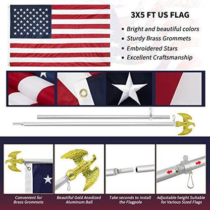 Image of the Jetlifee American Flag 3x5 ft Complete Bundle from Visit the Jetlifee Store, featuring vibrant colors, durable brass grommets, meticulously embroidered stars, and impeccable craftsmanship. The images showcase detailed elements of the flag as well as an adjustable, tangle-free spinning aluminum pole bracket.