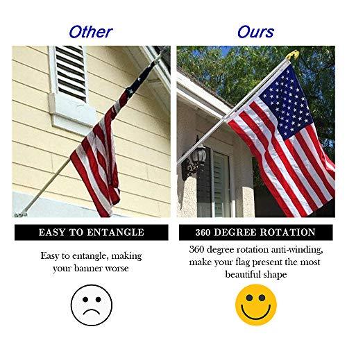 Comparison between two flag mounting styles. Left: Flag is entangled, described as "easy to entangle," with a sad face emoji. Right: Jetlifee American Flag 3x5 ft Complete Bundle properly displayed, featuring an aluminum pole bracket with "360 degree rotation" for a tangle-free spinning pole, and a happy face emoji from the Jetlifee Store.