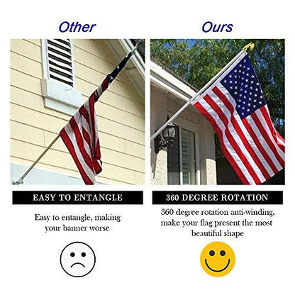 Comparison between two flag mounting styles. Left: Flag is entangled, described as "easy to entangle," with a sad face emoji. Right: Jetlifee American Flag 3x5 ft Complete Bundle properly displayed, featuring an aluminum pole bracket with "360 degree rotation" for a tangle-free spinning pole, and a happy face emoji from the Jetlifee Store.