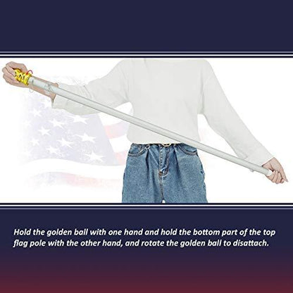 Person holding the gold ball of a Jetlifee American Flag 3x5 ft Complete Bundle flagpole with one hand and the bottom part of the top flagpole with the other, demonstrating how to rotate the golden ball to detach it. Instructions overlaid. Visit the Jetlifee Store.