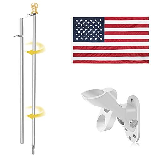 The Jetlifee American Flag 3x5 ft Complete Bundle from Visit the Jetlifee Store features an American flagpole set with a tangle-free spinning pole, including a two-part silver pole, a gold finial, and an aluminum mounting bracket.