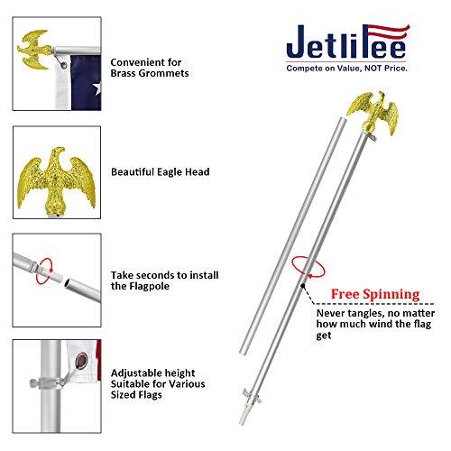 Diagram of Jetlifee American Flag 3x5 ft Complete Bundle with features: brass grommets, eagle head finial, quick installation, tangle-free spinning pole to prevent tangling, and adjustable height for different flag sizes. Available at the Jetlifee Store.