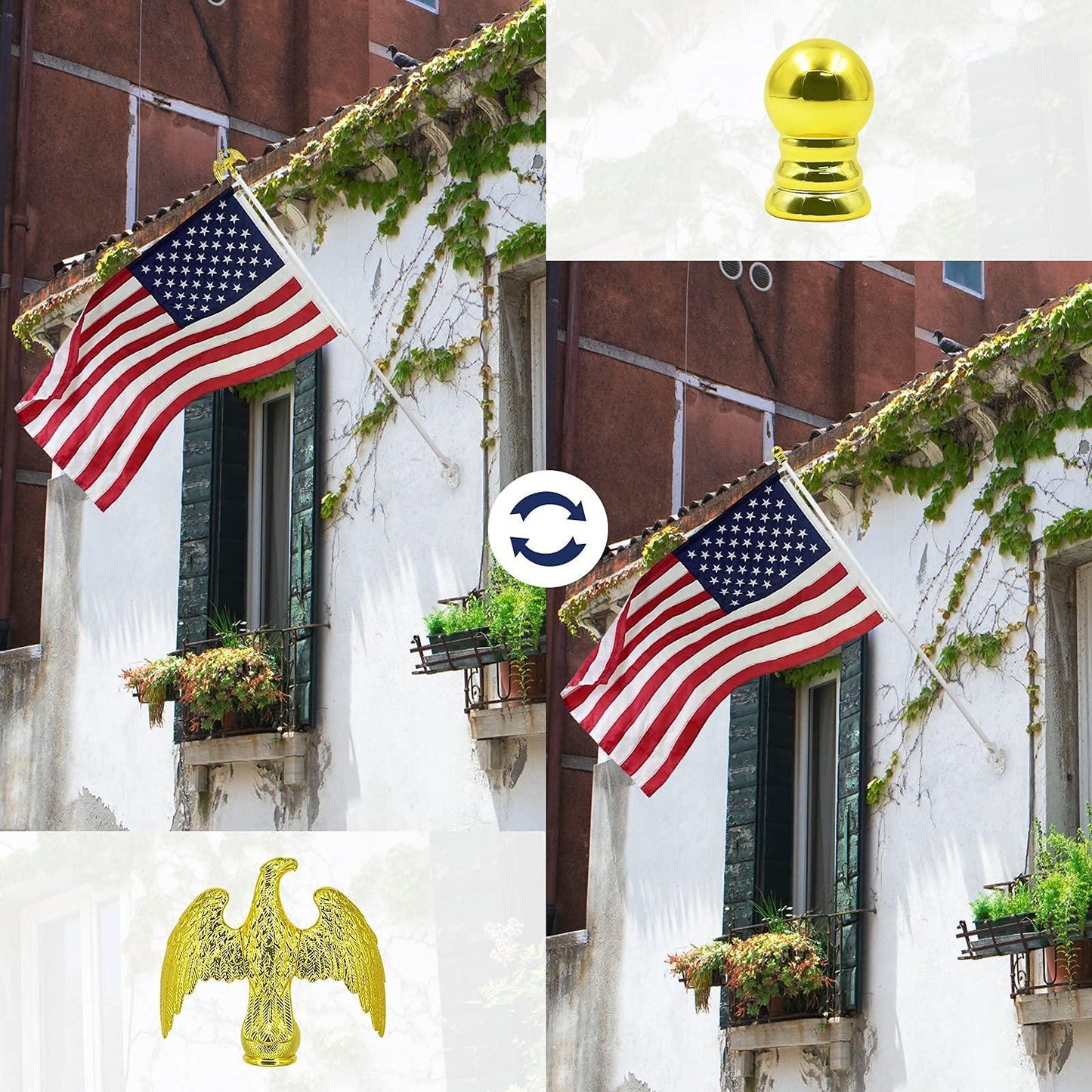 A Jetlifee Solar American Flag Pole Light Kit with a 3x5 USA flag hangs from a tangle-free flag pole outside a white house with green shutters and flower boxes. Adjacent images include a gold eagle and a gold finial.