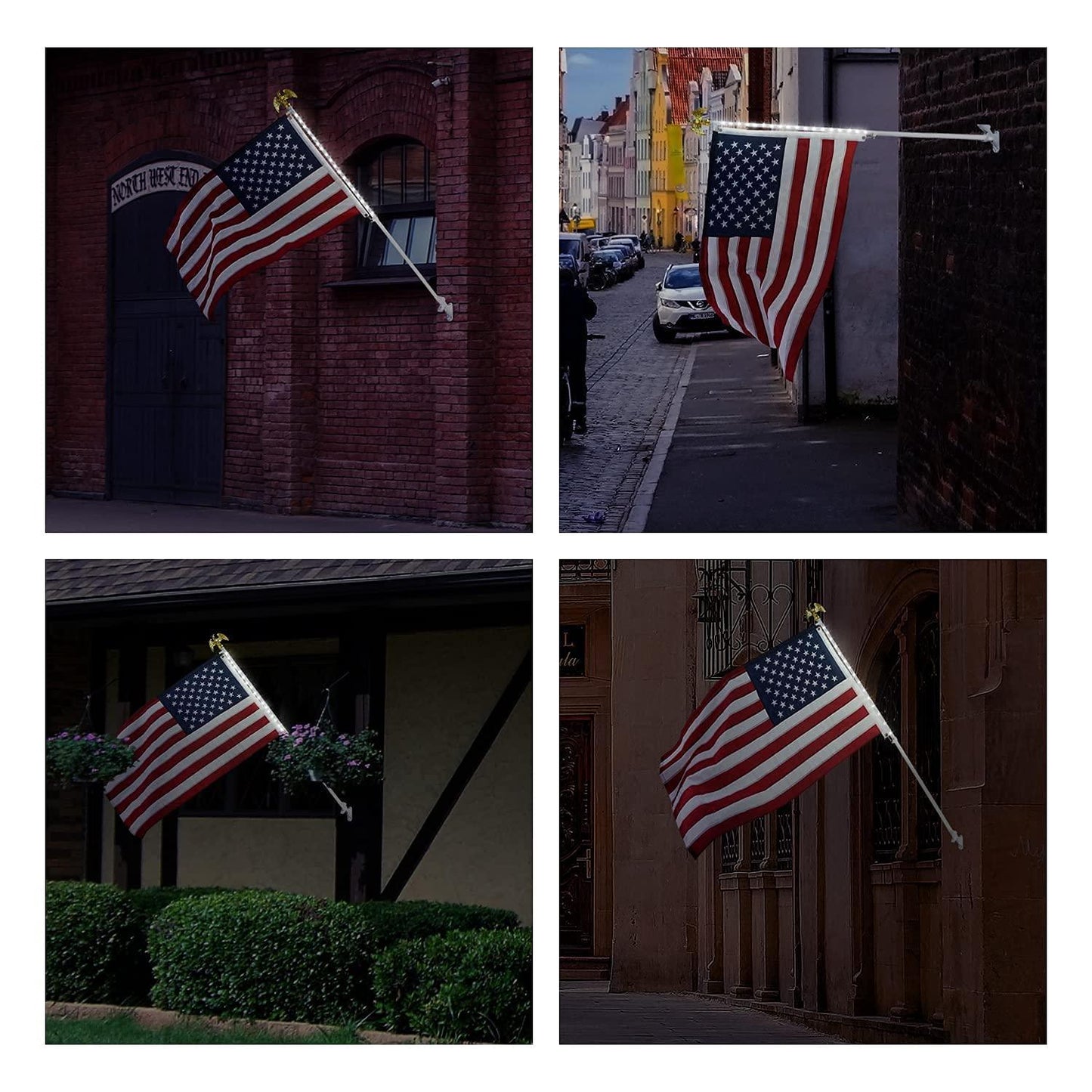 A collage features four Jetlifee Solar American Flag Pole Light Kits with 3x5 USA Flags mounted on walls or tangle-free flag poles in different environments, including urban and residential areas, both day and night. One setting highlights a solar-powered light from the Jetlifee kit illuminating the flag at dusk.