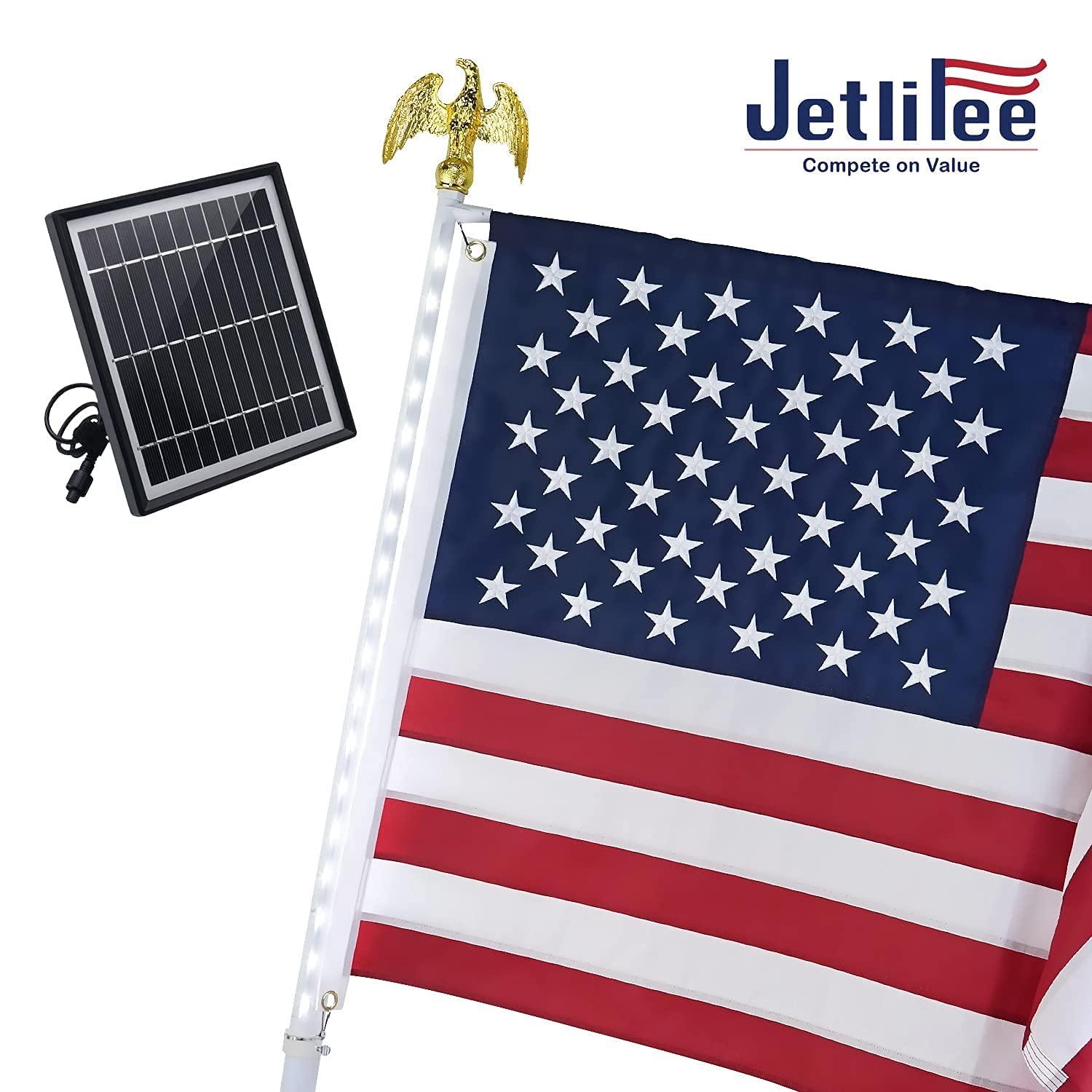 Presenting the Jetlifee Solar American Flag Pole Light Kit with a 3x5 USA flag bundle! This set features an American flag with an eagle finial and LED lights, accompanied by a solar panel for a vibrant display. The Tangle Free Flag Pole ensures perfect waving in any weather. Logo text reads "Jetlifee Compete on Value.