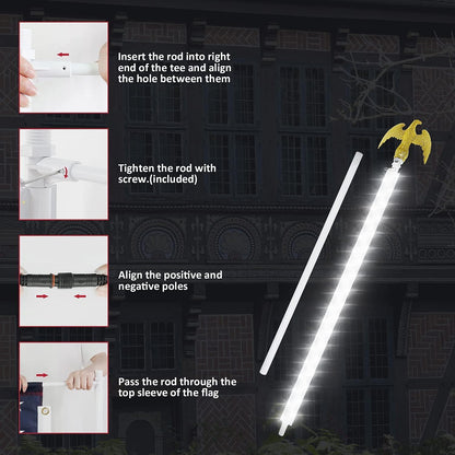 Instructional graphic showing four steps to assemble the Jetlifee Solar American Flag Pole Light Kit with 3x5 USA Flags Bundle, featuring an eagle finial. Steps include inserting and tightening a rod, aligning poles, and passing the rod through the American flag's top sleeve.