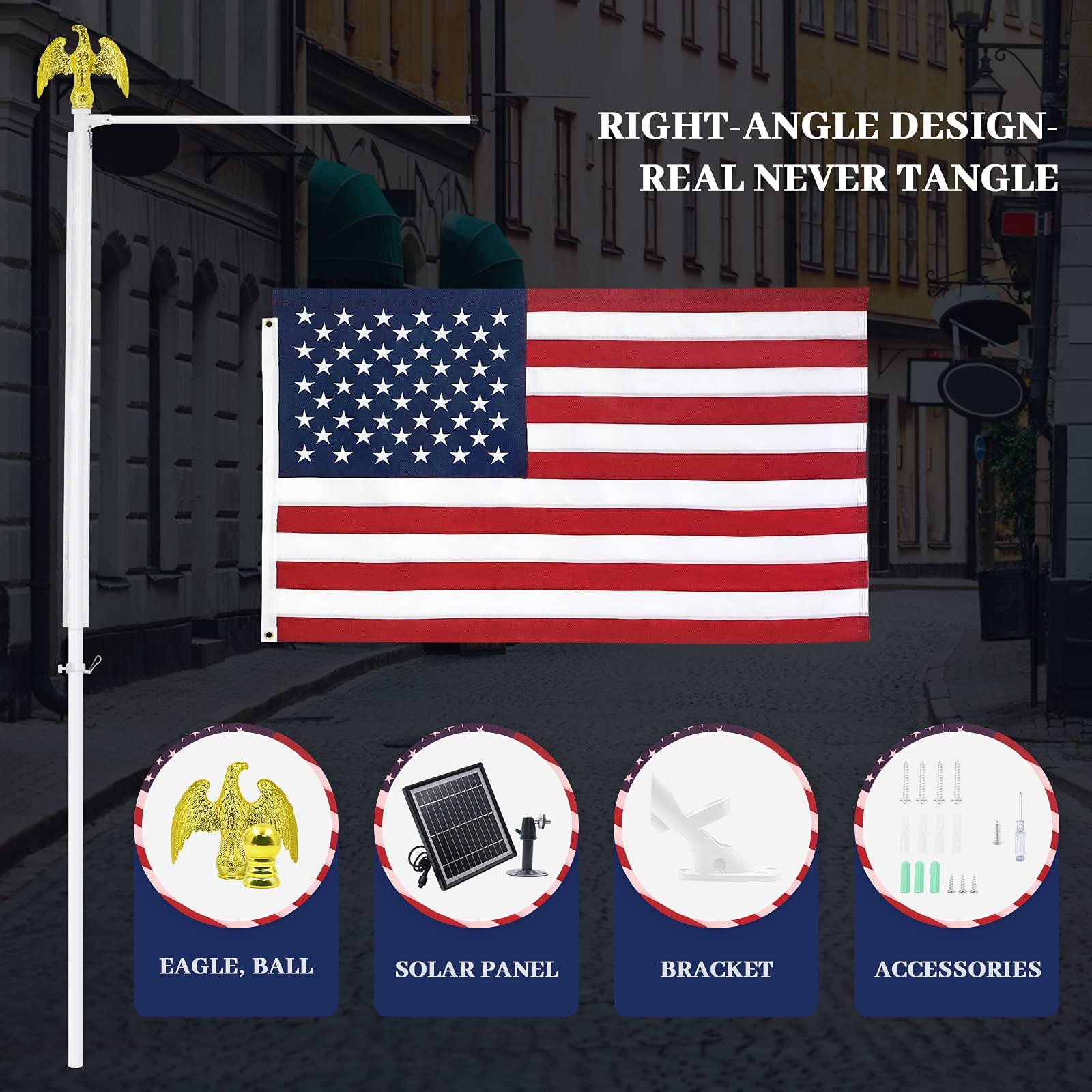 Image of a street with a pole-mounted American flag. Below it, icons and text promote Jetlifee Solar American Flag Pole Light Kit with 3x5 USA Flags Bundle by Jetlifee. Featuring a tangle-free right-angle design, eagle finial, solar panel, bracket, and accessories.